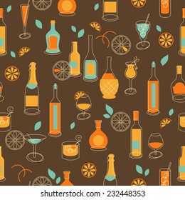 Seamless party background with bottles and glasses in retro style