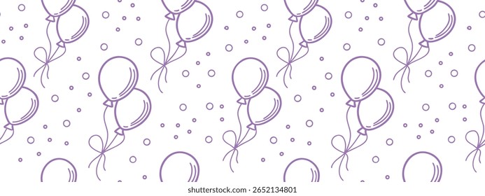 Padrão de balão de festa sem costura com fitas e confetes na arte de linha roxa no fundo branco, design de celebração festiva perfeito para papéis de parede, tecidos, envoltório de presente, impressões e evento 