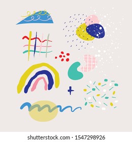 Seamless party confetti background. Hand drawn various geometric shapes and doodle objects. Abstract contemporary modern trendy vector illustration. All elements are isolated - Vector