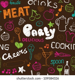 Seamless party food doodle kitchen background pattern in vector