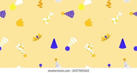 Sombreros de fiesta sin costuras y patrón de corona. Adorable plantilla de papel de embalaje. Fondo de celebración de cumpleaños o año nuevo. 