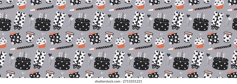 Seamless Party Pattern with Cake, Gifts, Cupcakes, and Party Horns