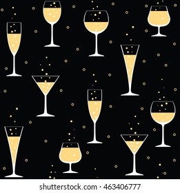 Seamless party pattern with champagne glasses on black background