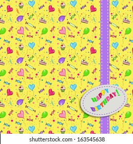 Seamless party pattern composed of colorful balloons, stars, cakes, and presents