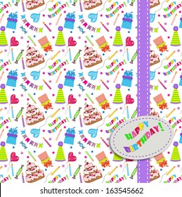 Seamless party pattern composed of colorful balloons, stars, cakes, and presents
