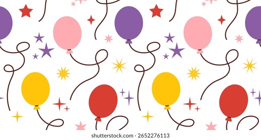Seamless party pattern with floating balloons and stars. Vector illustration of cheerful pattern on a festive background. Great for decoration, wrapping or celebration design.