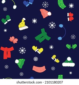 Seamless party pattern on a dark blue background with snowflakes. Winter illustration. Hats, mittens, headphones, scarves, snoods of different colors. Ornament from sets of clothes.