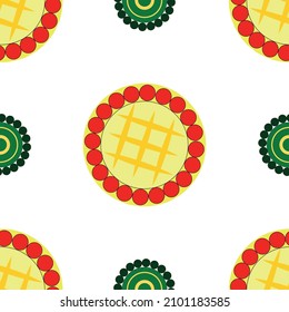 Seamless party pattern on a white background. Printed with 2 round elements in yellow, red and green. Dymkovo motive. Folk art.