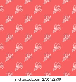 Seamless Party Popper Pattern. Festive Background for Celebration, New Year, Birthday, or Event Invitation Design. Repeatable Outline Line Art Drawing on Red