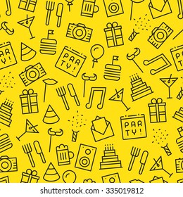 Seamless party  yellow background pattern with many dark outline icons