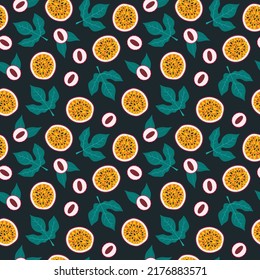 Maracuja de fruto de la pasión sin foco y linche patrón. Doodle dibujado a mano. Impresión tropical para tela, papel envolvente, paquete, diseño de menú. Frutas exóticas y hojas ilustrativas vectoriales. Comida dulce de verano
