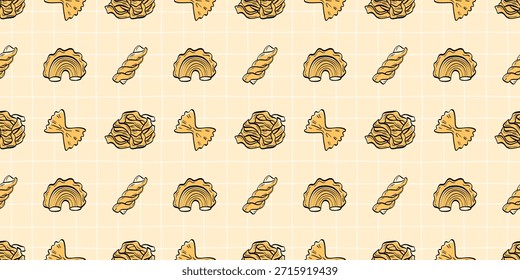 Padrão de massa sem costura com ícones de linha limpa de farfalle, fettuccine, fusilli, tagliatelle. Projetado para embalagens de comida italiana, têxteis de cozinha e fundos de restaurante.