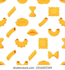 Seamless Pasta Pattern. Delightful Arrangement Of Various Pasta Shapes Repeated Background, Vector Illustration