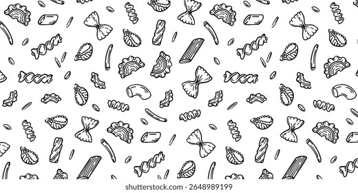 Padrão de massa sem costura com macarrão italiano tipos: Fusilli, Rigatoni, Capellini, Conch, Gobetti, Stelle, Fiori. Ícones de comida de doodle vintage desenhados à mão. Plano de fundo do contorno do vetor.