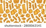 Seamless pasta pattern with orange line drawings of spaghetti, penne, fusilli, farfalle, ravioli, shells, bow ties and other noodle shapes scattered across a cream background in a dense repeat layout