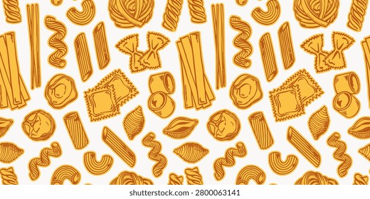 Seamless pasta pattern with orange line drawings of spaghetti, penne, fusilli, farfalle, ravioli, shells, bow ties and other noodle shapes scattered across a cream background in a dense repeat layout