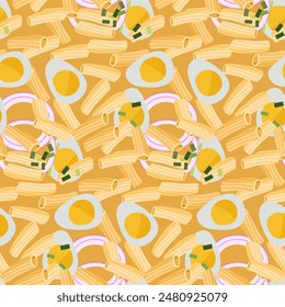 Seamless Pasta pattern. Quail egg, cheese, Pasta rigatoni Recipe in flat style. Repeated Design for menu cafe, cooking class, recipe, wallpaper, wrapping paper, textile. Macaroni and cheese pattern