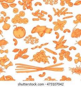 Seamless pasta pattern.Italian food. Seamless vector pattern.Macaroni and spaghetti.Hand drawn food vector background.