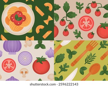 Seamless pasta-themed pattern collection: spaghetti, farfalle, macaroni, penne, a wooden board, cutlery, herbs like cilantro, rosemary, and basil, plus onion, tomato, champignon, and garlic.