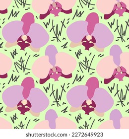 Patrón abstracto de color pastel sin inconfundibles con elementos de flores orquídeas y fondo abstracto. Crítica. Dibujado a mano. Rosa, gris, lila. Para textiles, moda, papel de envoltura, papel pintado.