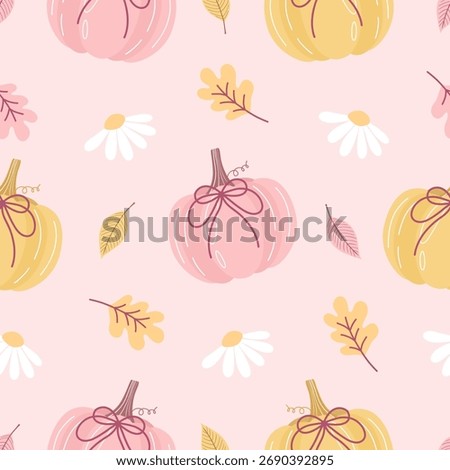 Seamless pastel autumn pattern with cute pumpkins, fall leaves, and daisy on a soft pink background – cozy and whimsical seasonal design for fabric, wrapping paper, or digital projects.