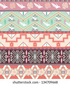 Seamless pastel aztec pattern with birds and roses