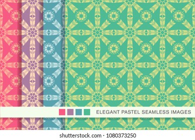 Seamless pastel background set Arrow Feather Cross Flower, collection of stylish vintage retro pattern ideal for greeting card banner or wallpaper design.