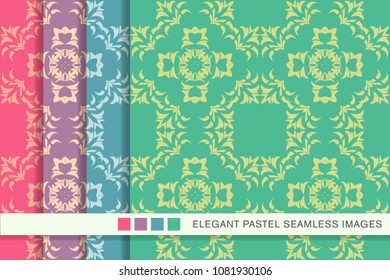 Seamless pastel background set Botanic Curve Cross Leaf Flower, collection of stylish vintage retro pattern ideal for greeting card banner or wallpaper design.