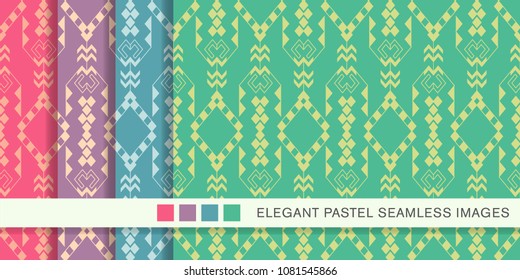 Seamless pastel background set Check Triangle Aboriginal Arrow Cross, collection of stylish vintage retro pattern ideal for greeting card banner or wallpaper design.