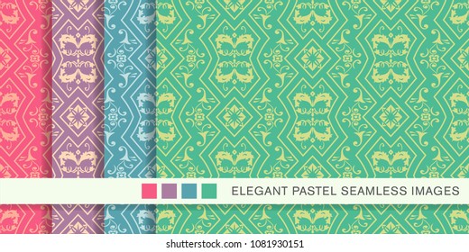 Seamless pastel background set Check Polygon Frame Spiral Cross Vine Leaf Flower, collection of stylish vintage retro pattern ideal for greeting card banner or wallpaper design.