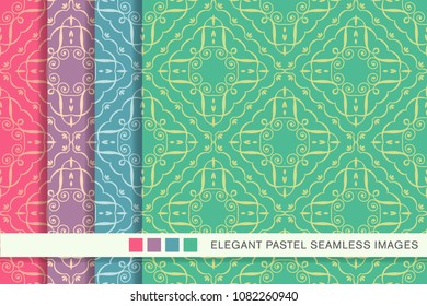 Seamless pastel background set Check Curve spiral Vortex Cross Frame Vine, collection of stylish vintage retro pattern ideal for greeting card banner or wallpaper design.