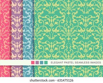 Seamless pastel background set Chinese botanic garden spiral vine flower leaf