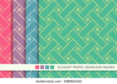Seamless pastel background set Cross Check Square Geometry Star Flower, collection of stylish vintage retro pattern ideal for greeting card banner or wallpaper design.