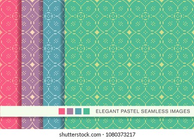 Seamless pastel background set Curve Cross Dot Flower Line, collection of stylish vintage retro pattern ideal for greeting card banner or wallpaper design.