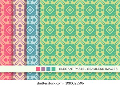 Seamless pastel background set Curve Heart Cross Clover Leaf, collection of stylish vintage retro pattern ideal for greeting card banner or wallpaper design.