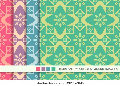 Seamless pastel background set Curve Star Cross Round Flower, collection of stylish vintage retro pattern ideal for greeting card banner or wallpaper design.