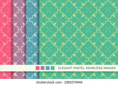 Seamless pastel background set Curve Check Cross Vine Frame Dot Line, collection of stylish vintage retro pattern ideal for greeting card banner or wallpaper design.