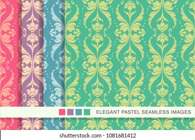 Seamless pastel background set Curve Wave Cross Dot Line Leaf Flower, collection of stylish vintage retro pattern ideal for greeting card banner or wallpaper design.