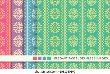 Seamless pastel background set Curve Cross Round Flower Triangle Dot Line, collection of stylish vintage retro pattern ideal for greeting card banner or wallpaper design.