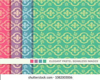 Seamless pastel background set Curve Cross Round Frame Chain Flower Leaf, collection of stylish vintage retro pattern ideal for greeting card banner or wallpaper design.