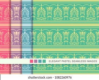 Seamless pastel background set Curve Cross Fan Shape Leaf Dot Line, collection of stylish vintage retro pattern ideal for greeting card banner or wallpaper design.