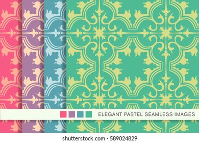 Seamless pastel background set curve spiral cross kaleidoscope