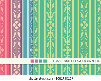 Seamless pastel background set Flower Straight Stem Vine Line Leaf, collection of stylish vintage retro pattern ideal for greeting card banner or wallpaper design.