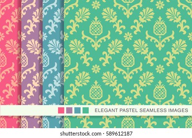 Seamless pastel background set nature garden flower pineapple