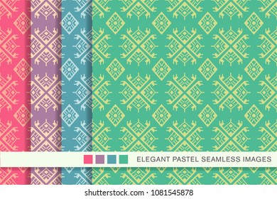 Seamless pastel background set Polygon Check Geometry Cross Aboriginal Frame, collection of stylish vintage retro pattern ideal for greeting card banner or wallpaper design.