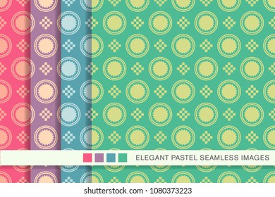 Seamless pastel background set Round Check square Mosaic Cross, collection of stylish vintage retro pattern ideal for greeting card banner or wallpaper design.