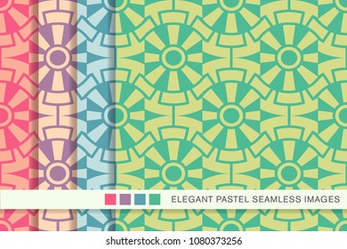 Seamless pastel background set Round Gear Cross Geometry Flower, collection of stylish vintage retro pattern ideal for greeting card banner or wallpaper design.