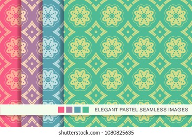 Seamless pastel background set Round Curve Dot Line Flower Frame, collection of stylish vintage retro pattern ideal for greeting card banner or wallpaper design.