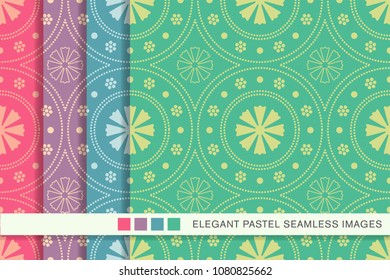Seamless pastel background set Round Dot Line Frame flower, collection of stylish vintage retro pattern ideal for greeting card banner or wallpaper design.