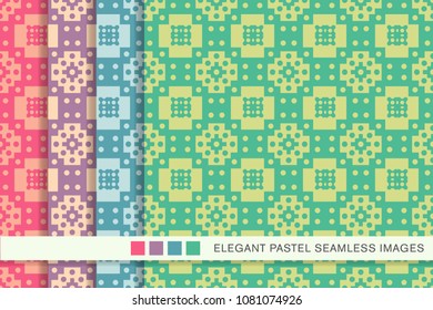 Seamless pastel background set Round Check Square Cross Geometry, collection of stylish vintage retro pattern ideal for greeting card banner or wallpaper design.